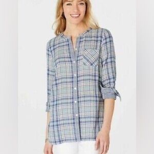 J. Jill 100% Cotton Blue Plaid Collarless Button-Up Shirt Country Farm Size XL
